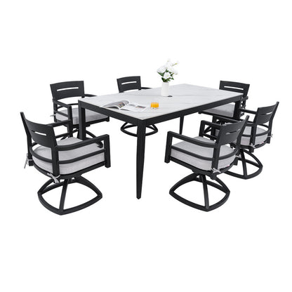 Cavallo 7-Piece Aluminum Outdoor Dining Set with White Marble-Look Sintered Stone Tabletop and Sunbrella Cushions