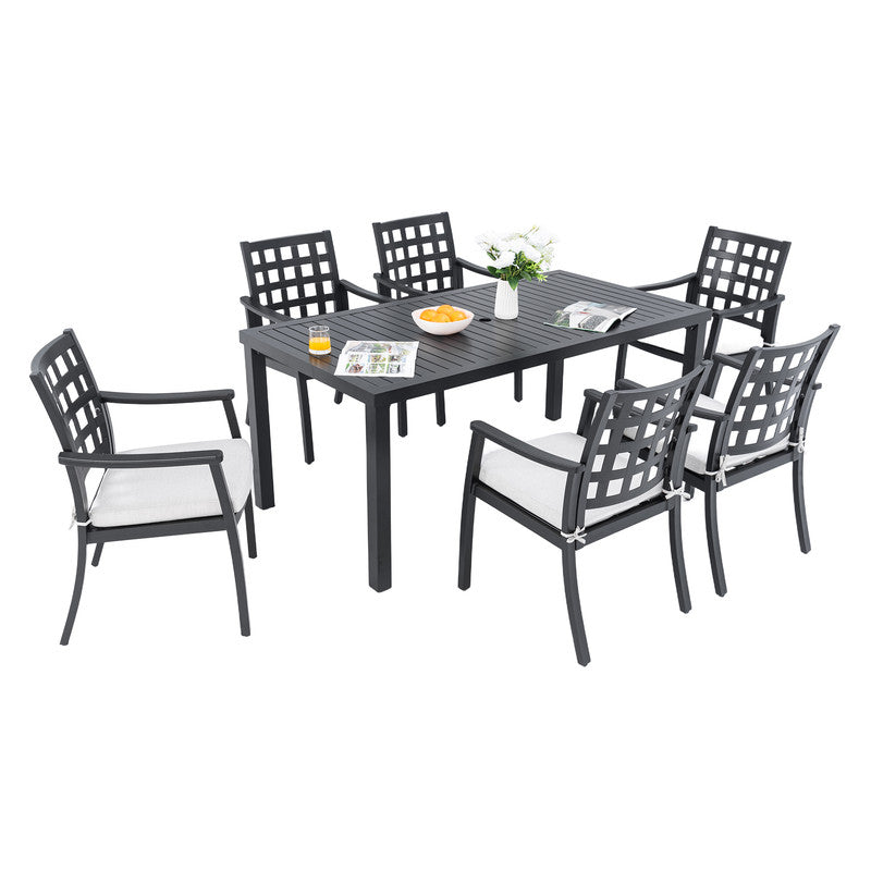 Alderon Black 7-Piece Aluminum Outdoor Dining Set with 6 Stationary Dining Chairs Sunbrella Cushions