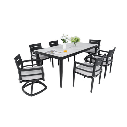 Cavallo 7-Piece Aluminum Outdoor Dining Set with White Marble-Look Sintered Stone Tabletop and Sunbrella Cushions
