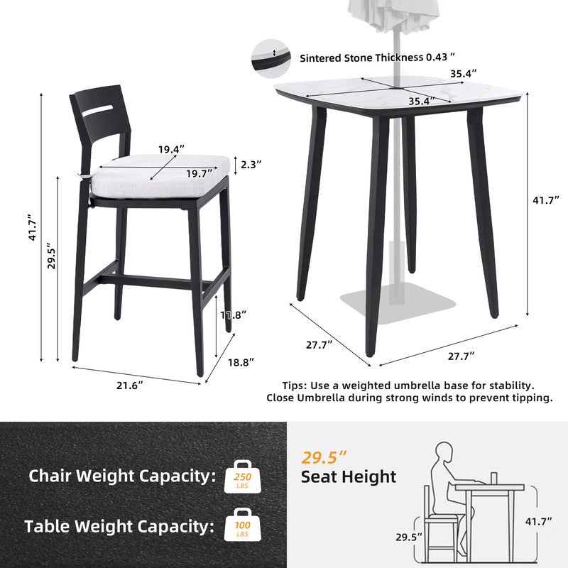 Barvallo 5-Piece Aluminum Rounded-Square 41.7 in. Outdoor Bistro Set with Sunbrella Silver Cushion and Umbrella Hole