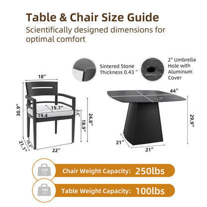 Cavallo 5-Piece Outdoor Pedestal Dining Set Rounded Square Sintered Stone Table & 4 Armchairs W/ Sunbrella Cushions