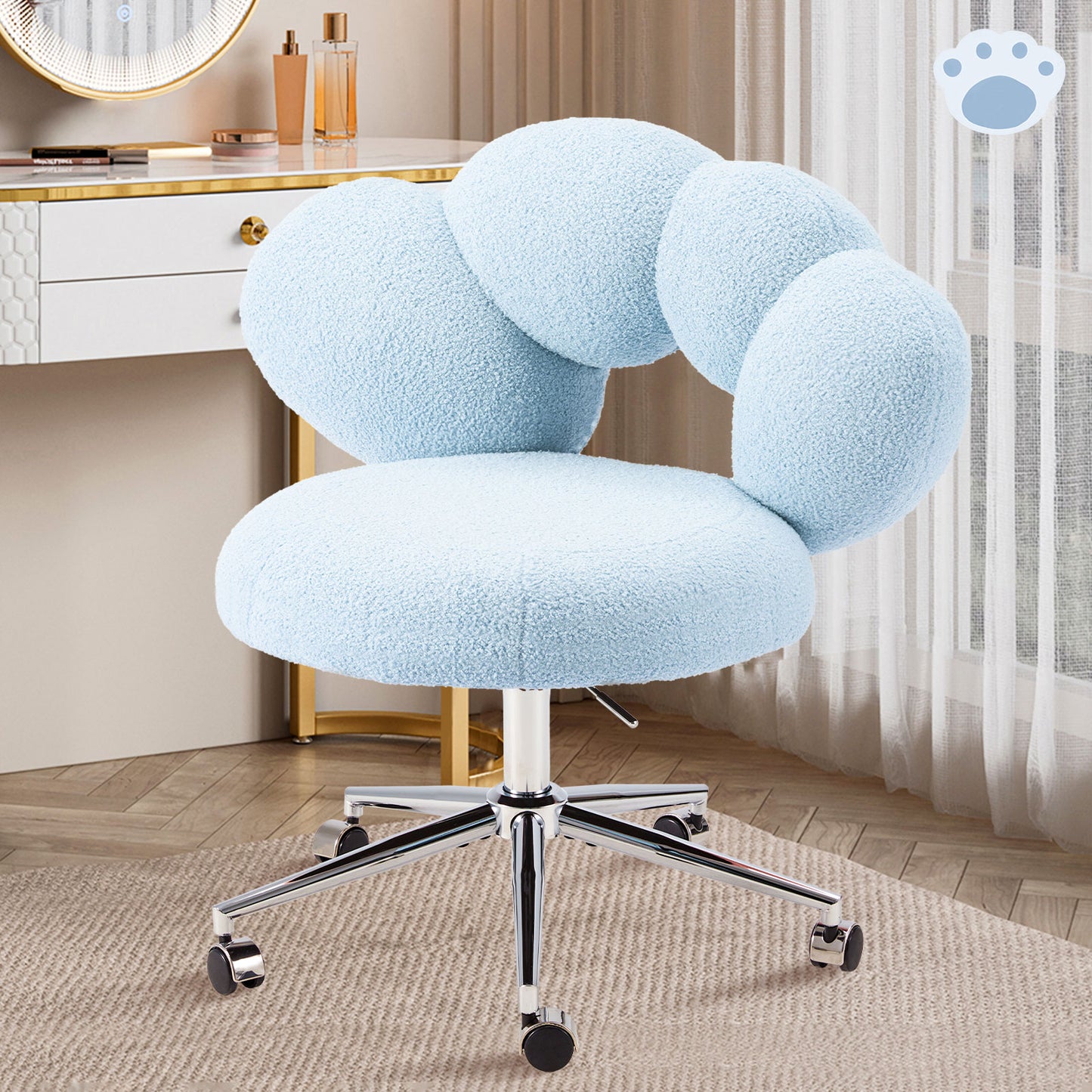 Armless Desk Chair, Teddy Fabric Vanity Chair with Wheels & Adjustable Height, Cute Cross-Legged Office Chair for Bedroom, Living Room & Dressing Room