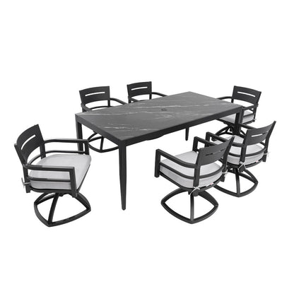Cavallo 7-Piece Aluminum Outdoor Dining Set with Black Marble-Look Sintered Stone Tabletop and Sunbrella Cushions