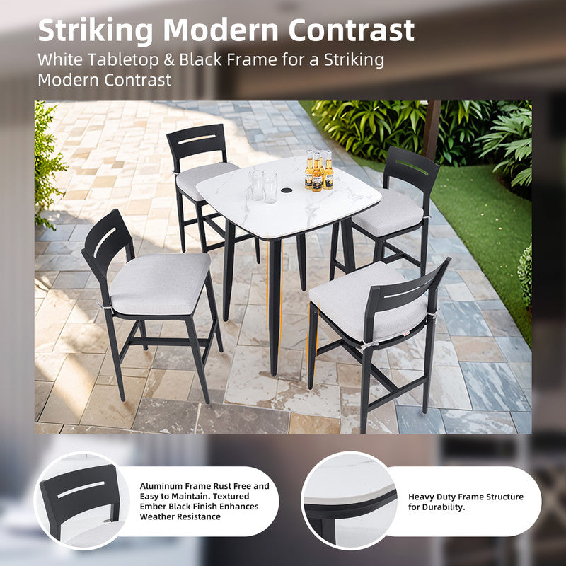 Barvallo 5-Piece Aluminum Rounded-Square 41.7 in. Outdoor Bistro Set with Sunbrella Silver Cushion and Umbrella Hole