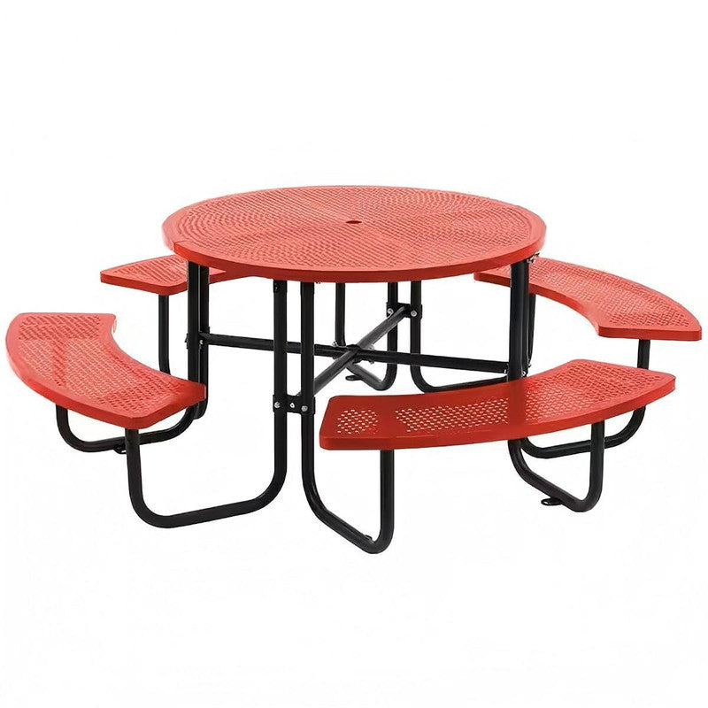 83 in. Round Outdoor Steel Picnic Table, 1-Piece with 4-Built-in Benches and Umbrella Hole
