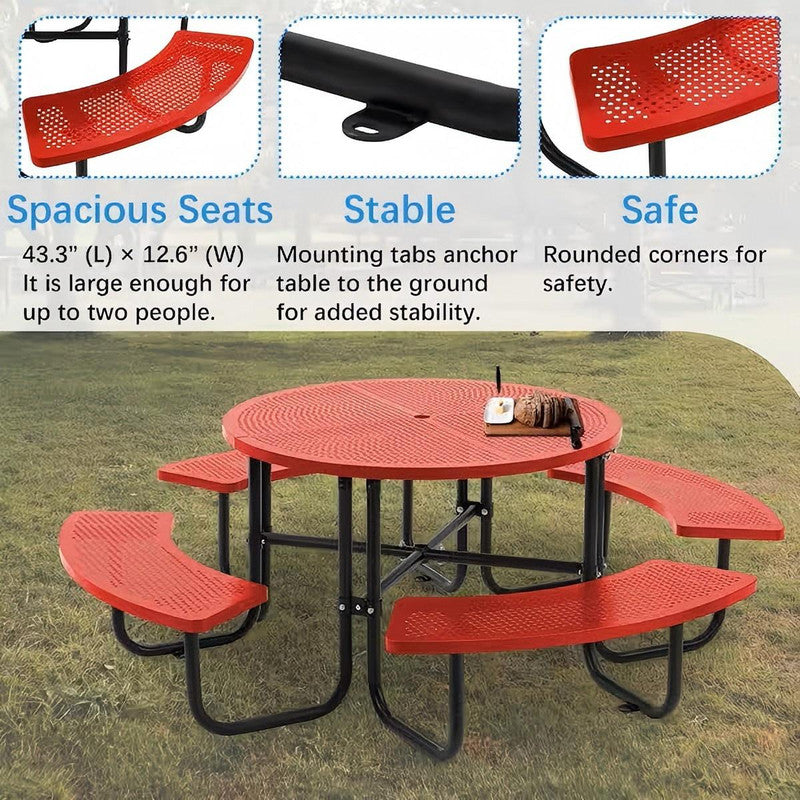 83 in. Round Outdoor Steel Picnic Table, 1-Piece with 4-Built-in Benches and Umbrella Hole