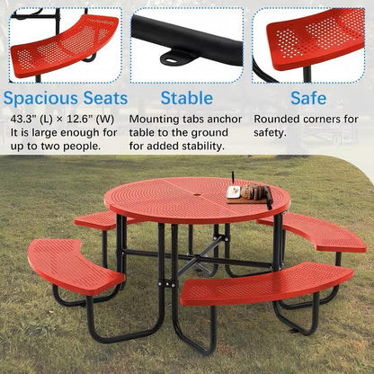 83 in. Round Outdoor Steel Picnic Table, 1-Piece with 4-Built-in Benches and Umbrella Hole
