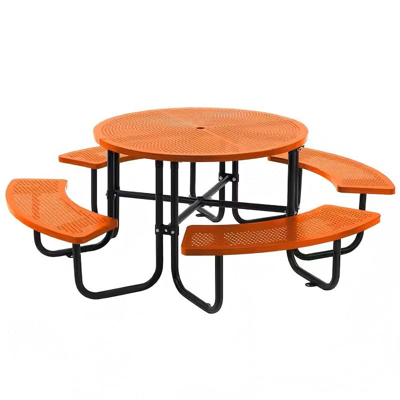 83 in. Round Outdoor Steel Picnic Table, 1-Piece with 4-Built-in Benches and Umbrella Hole