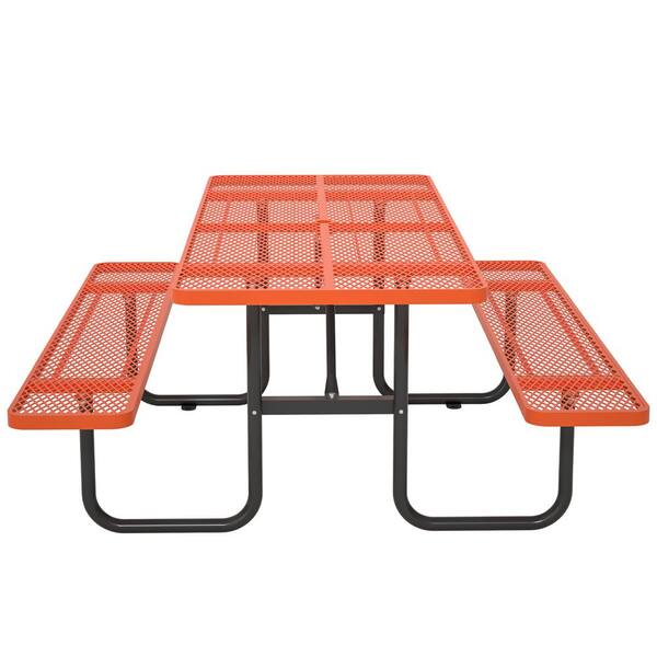 72.2 in. Rectangular Outdoor Steel Picnic Table with Umbrella Hole and 2 Built-in Benches