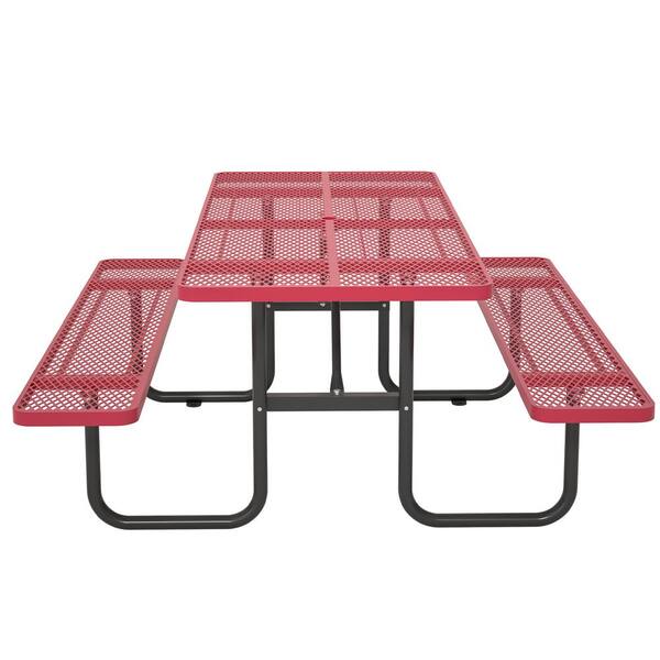 72.2 in. Rectangular Outdoor Steel Picnic Table with Umbrella Hole and 2 Built-in Benches