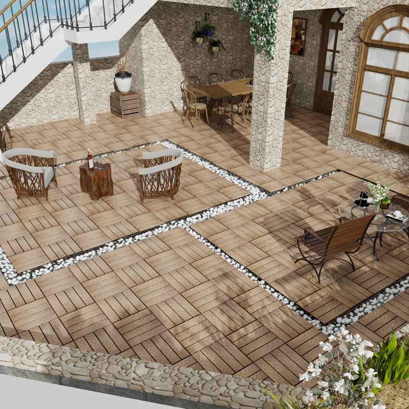 Teak Wood-Plastic Composite Patio Deck Tiles, 12 in. x 12 in. Interlocking Deck Tiles