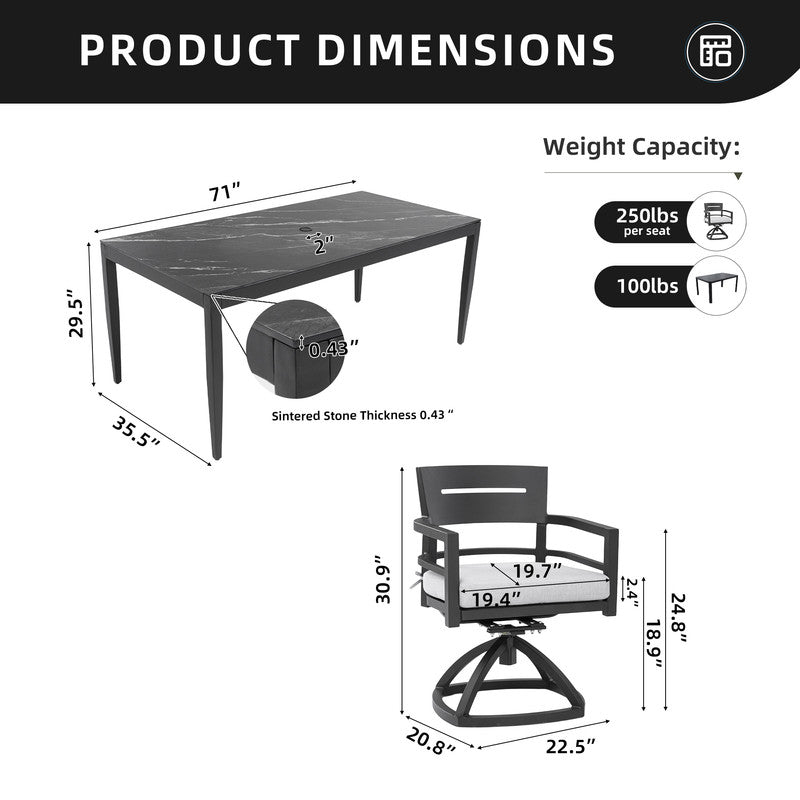 Cavallo 7-Piece Aluminum Outdoor Dining Set with Black Marble-Look Sintered Stone Tabletop and Sunbrella Cushions