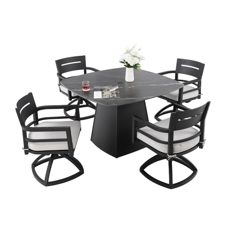 Cavallo 5-Piece Outdoor Pedestal Dining Set Rounded Square Sintered Stone Table & 4 Swivel Rockers W/ Sunbrella Cushions
