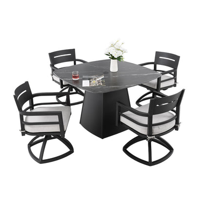 Cavallo 5-Piece Outdoor Pedestal Dining Set Rounded Square Sintered Stone Table & 4 Swivel Rockers W/ Sunbrella Cushions