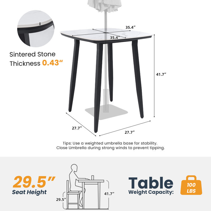 Barvallo Rounded-Square Aluminum Outdoor Bistro Table with Sintered Stone Tabletop and Umbrella Hole