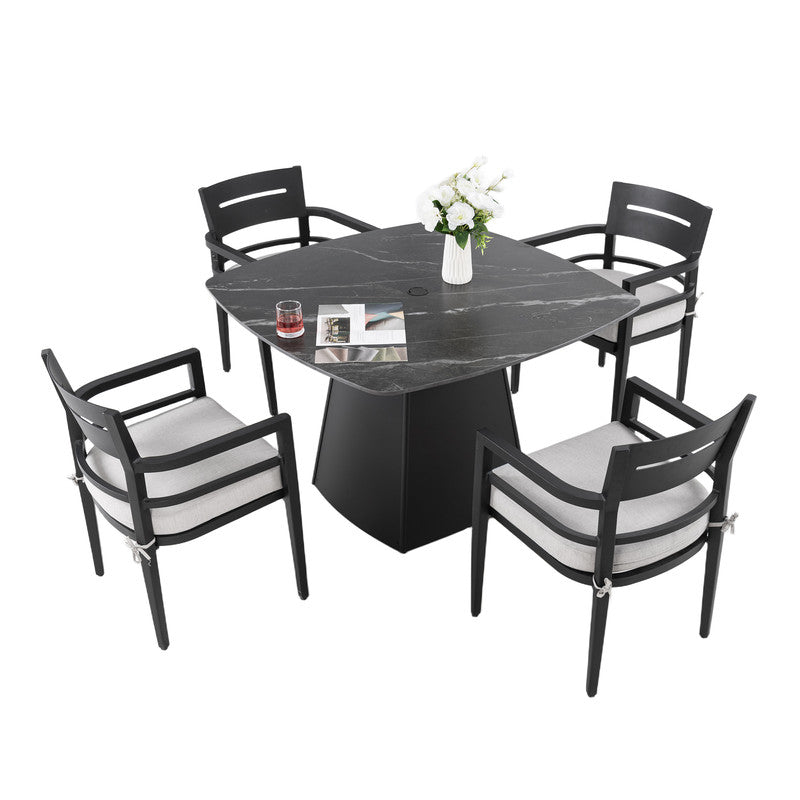 Cavallo 5-Piece Outdoor Pedestal Dining Set Rounded Square Sintered Stone Table & 4 Armchairs W/ Sunbrella Cushions