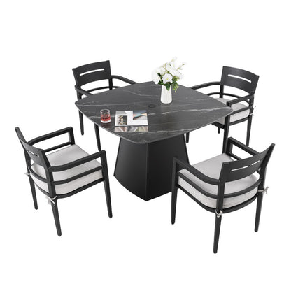 Cavallo 5-Piece Outdoor Pedestal Dining Set Rounded Square Sintered Stone Table & 4 Armchairs W/ Sunbrella Cushions