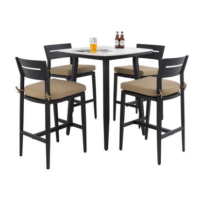 Barvallo 5-Piece Aluminum Rounded-Square 41.7 in. Outdoor Bistro Set with Sunbrella Silver Cushion and Umbrella Hole