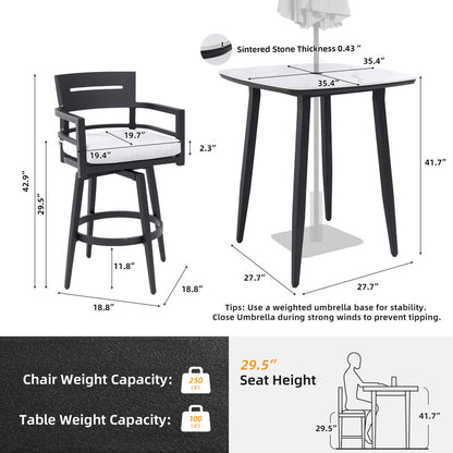Barvallo 5-Piece Aluminum 41.7 in. Outdoor Bistro Set with Swivel Chairs and Sunbrella Silver Cushion and Umbrella Hole