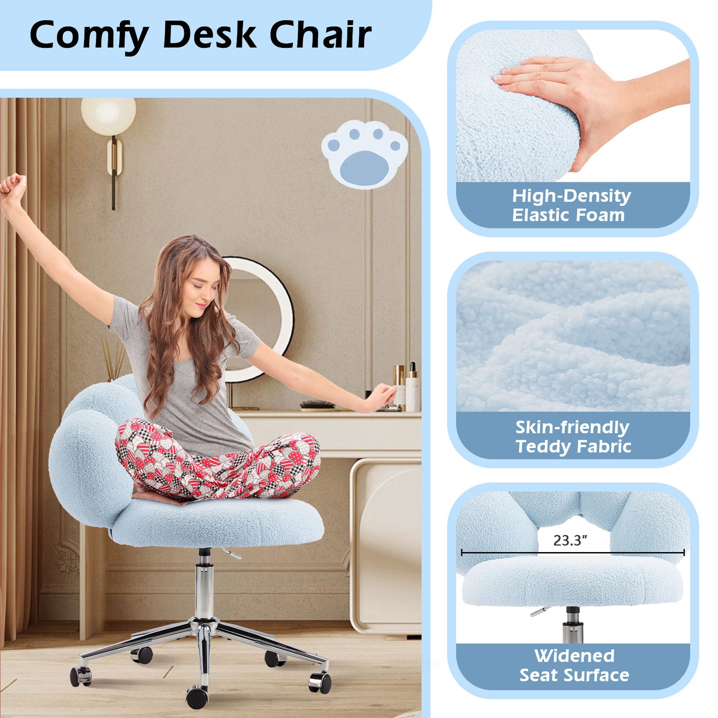Armless Desk Chair, Teddy Fabric Vanity Chair with Wheels & Adjustable Height, Cute Cross-Legged Office Chair for Bedroom, Living Room & Dressing Room