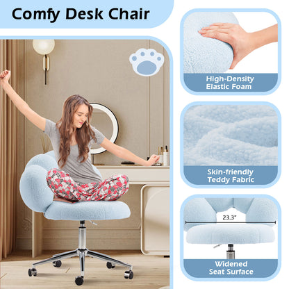 Armless Desk Chair, Teddy Fabric Vanity Chair with Wheels & Adjustable Height, Cute Cross-Legged Office Chair for Bedroom, Living Room & Dressing Room
