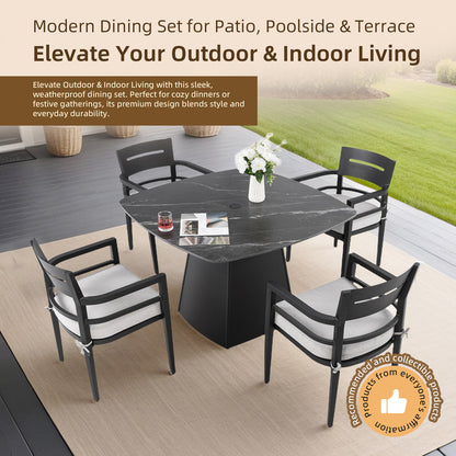 Cavallo 5-Piece Outdoor Pedestal Dining Set Rounded Square Sintered Stone Table & 4 Armchairs W/ Sunbrella Cushions