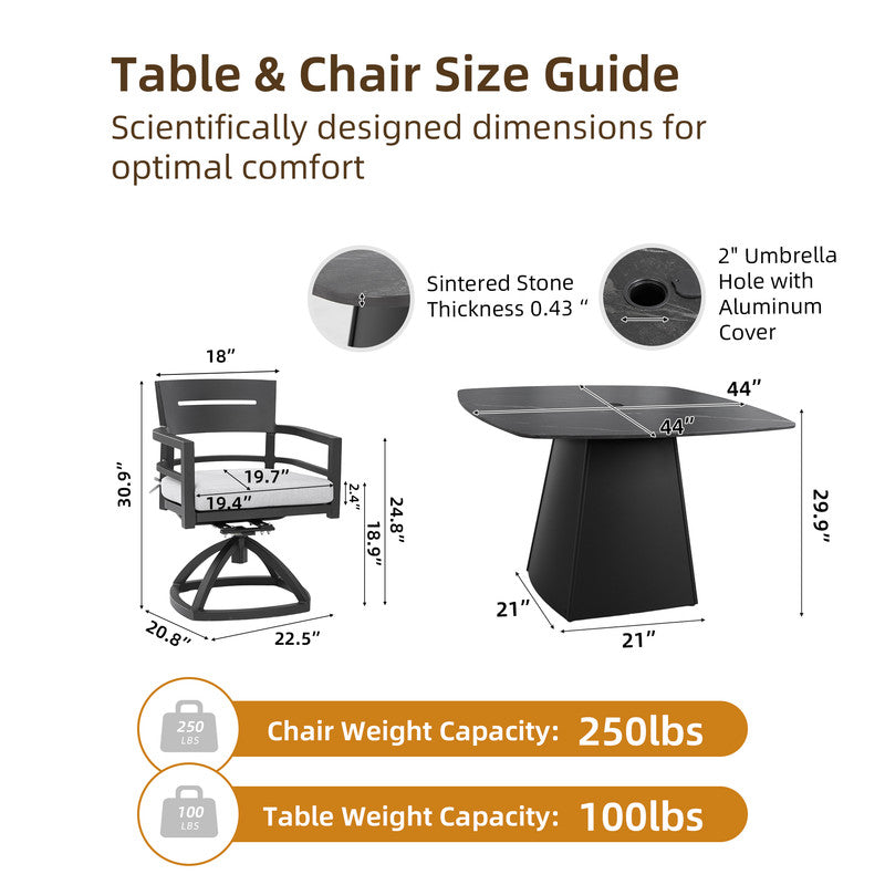 Cavallo 5-Piece Outdoor Pedestal Dining Set Rounded Square Sintered Stone Table & 4 Swivel Rockers W/ Sunbrella Cushions