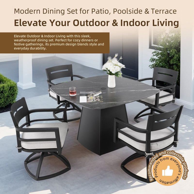 Cavallo 5-Piece Outdoor Pedestal Dining Set Rounded Square Sintered Stone Table & 4 Swivel Rockers W/ Sunbrella Cushions
