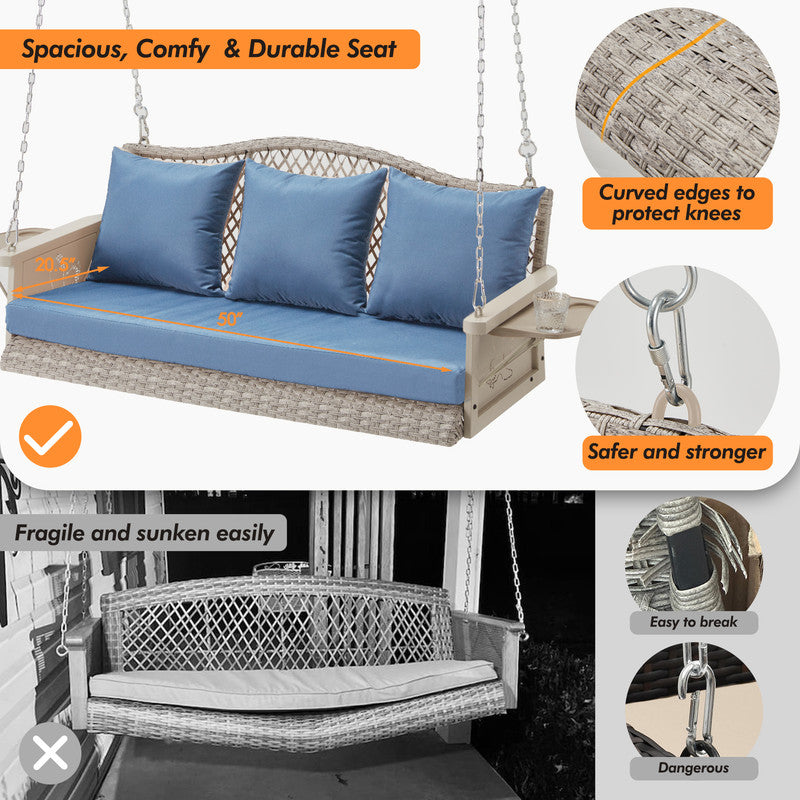 Upgraded Wicker Hanging Porch Swing Heavy Duty 900 LBS 3-Seat Outdoor Patio Swing Chair Bench for Adult w/ 8.9ft Hanging Chains Cushions and Cup Holder