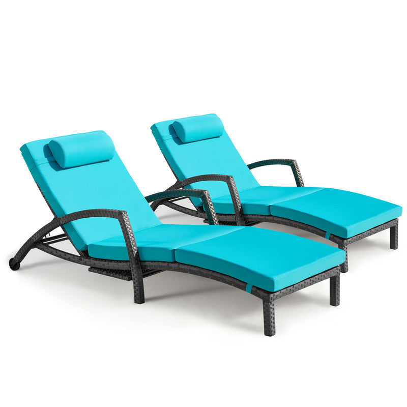 Chaise Lounge Chairs Outdoor Set of 2, Comfy Outside Wicker Patio Pool Lounge Chair w/ 5 Adjustable Back Angle, Cup Holder, Thicken Cushion
